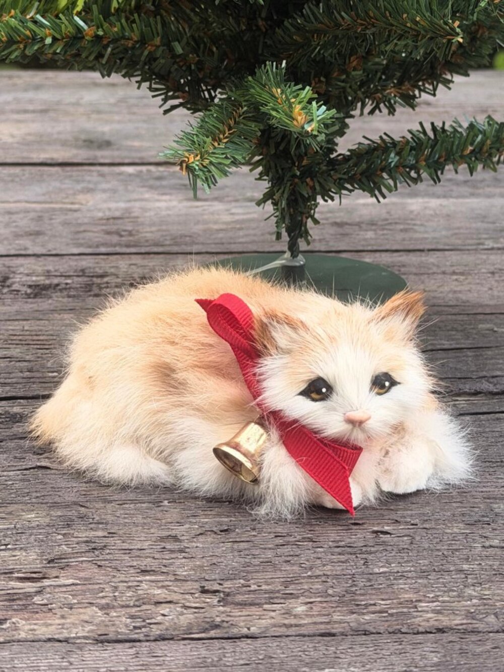 Vintage Real Fur Kitten Cat Realistic Furry Miniature Red Bow & Bell Christmas